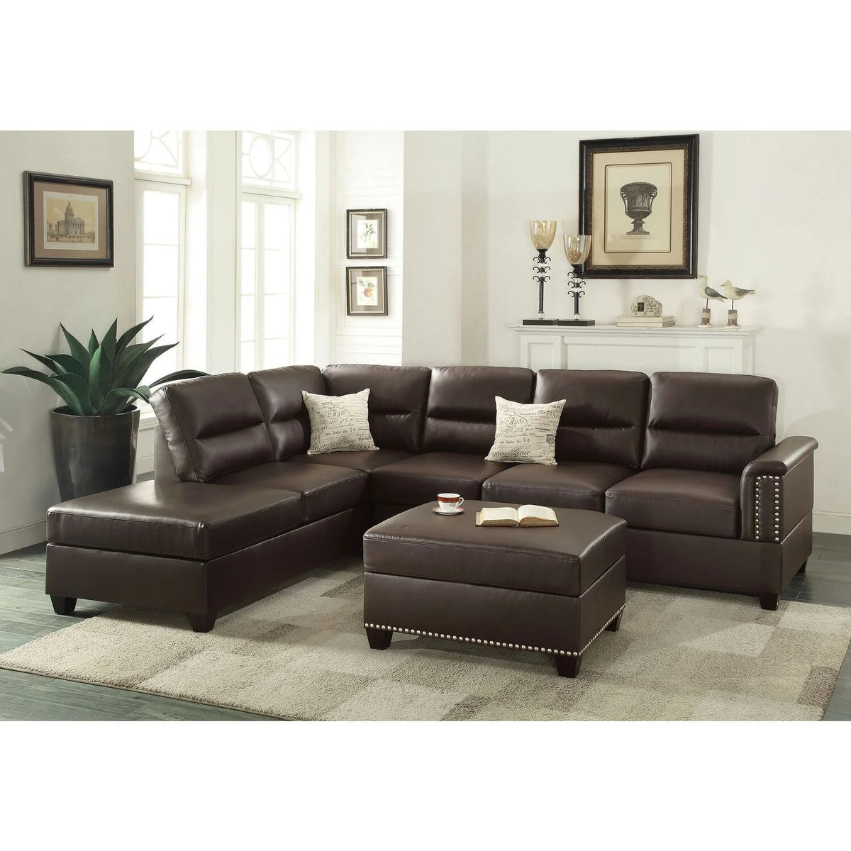 3 Piece Faux Leather Sectional Sofa Set with Ottoman I773931