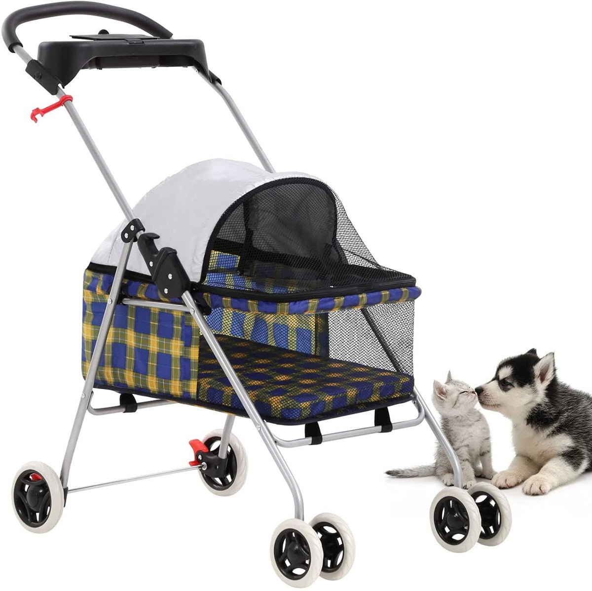 4 Wheels Yellow Plaid Pet Stroller with Cup Holder L913