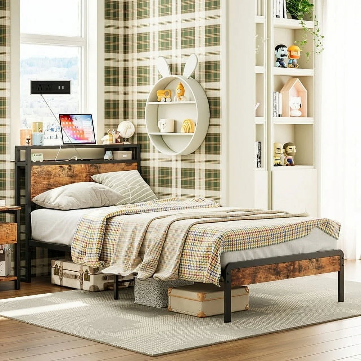 Twin Bed Frame with Storage Headboard and Charging Station F490600