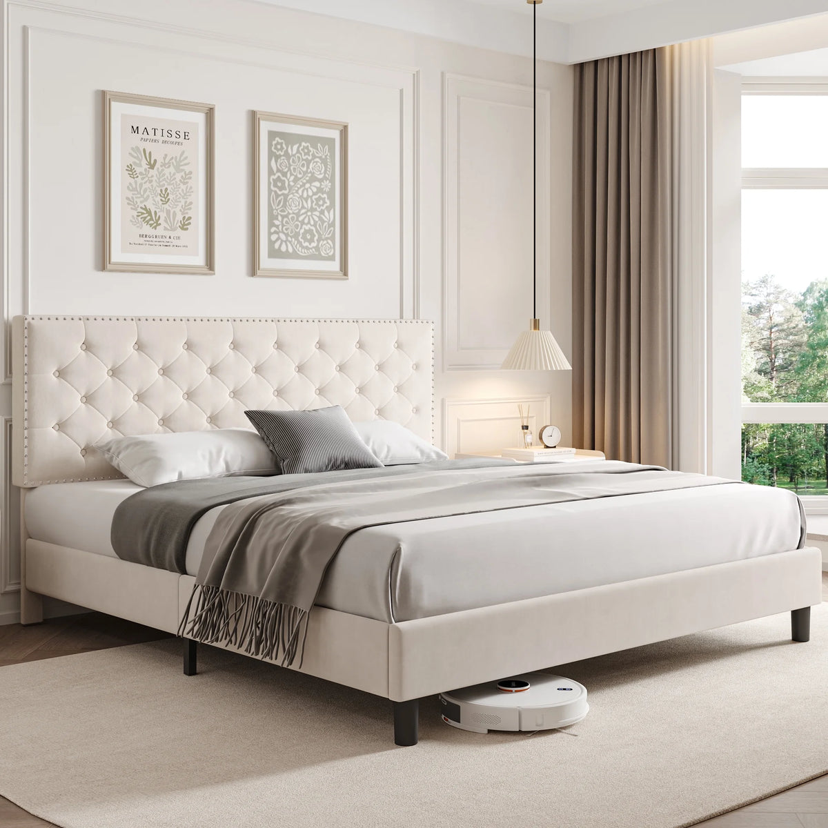King Size Upholstered Platform Bed with Adjustable Headboard F152