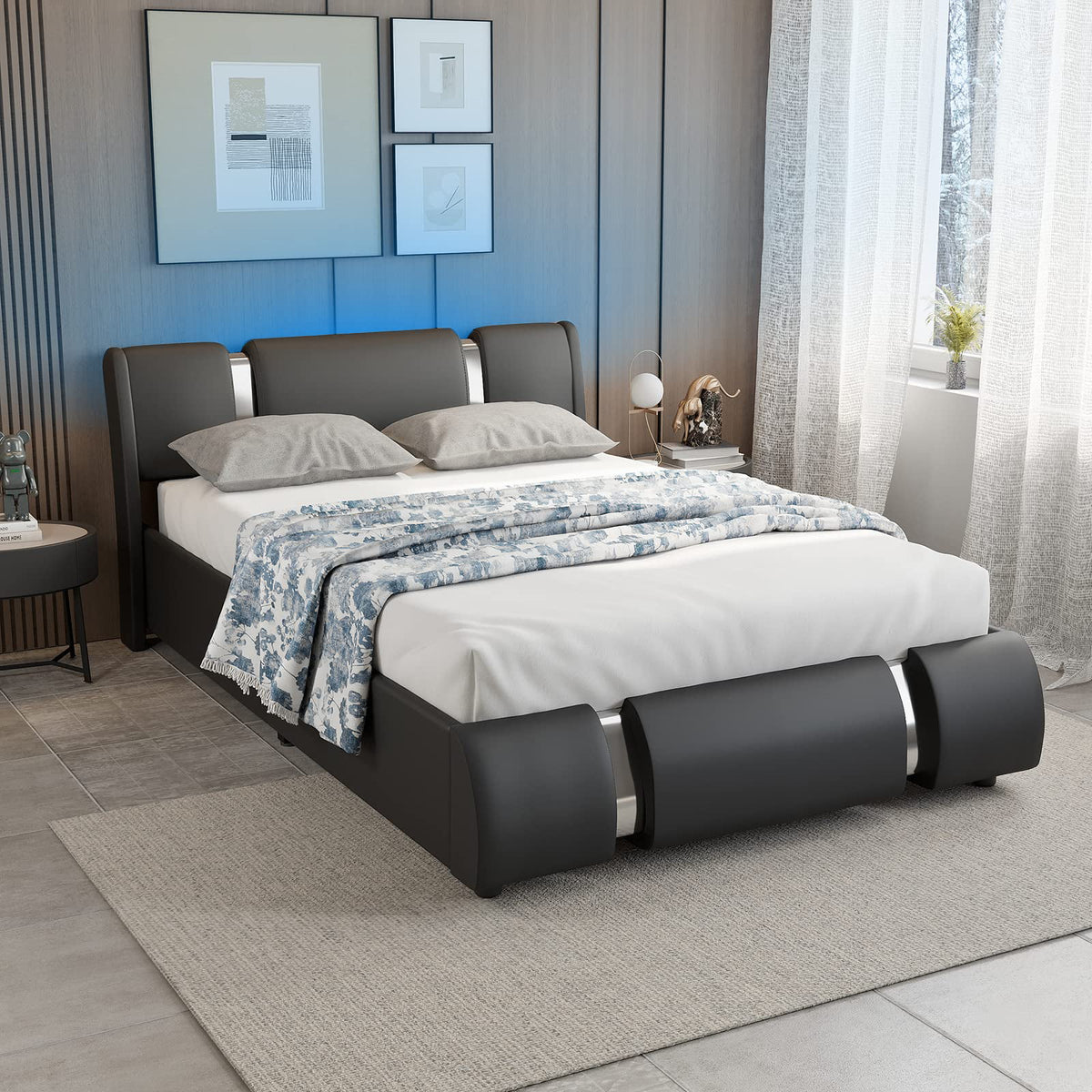 Faux Leather Full Size Platform Bed with LED Light and Adjustable Headboard B744