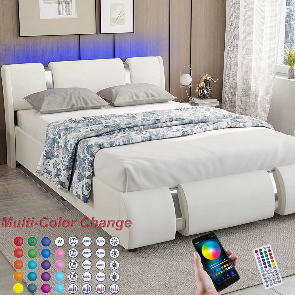 Faux Leather Full Size Platform Bed with LED Light and Adjustable Headboard B744