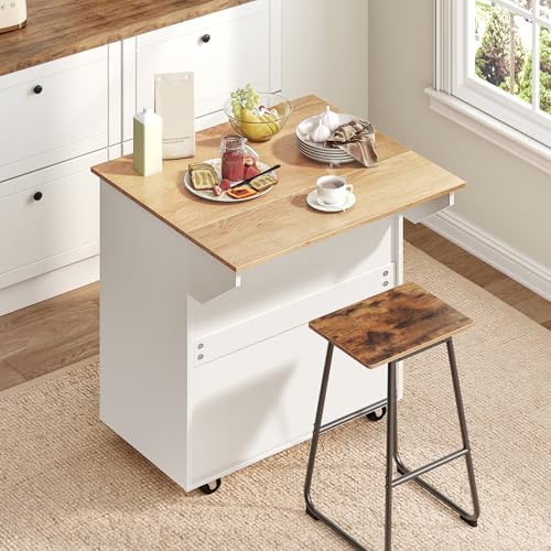 White Drop Leaf Kitchen Island on Wheels with Drawer Q365
