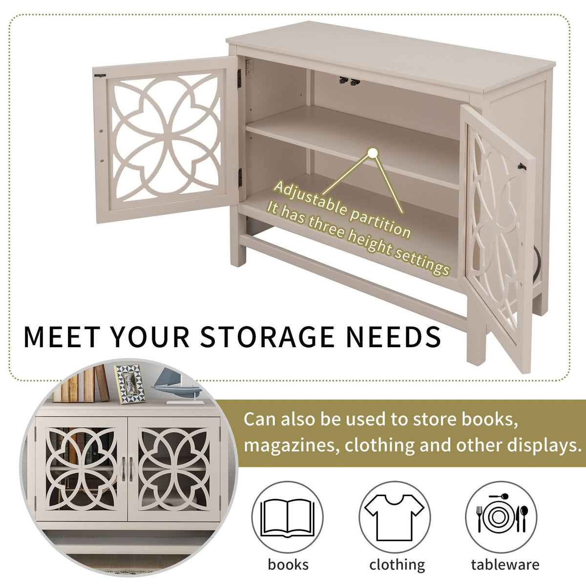 Grey Wood Buffet Sideboard Cabinet with Doors and Adjustable Shelf T876759