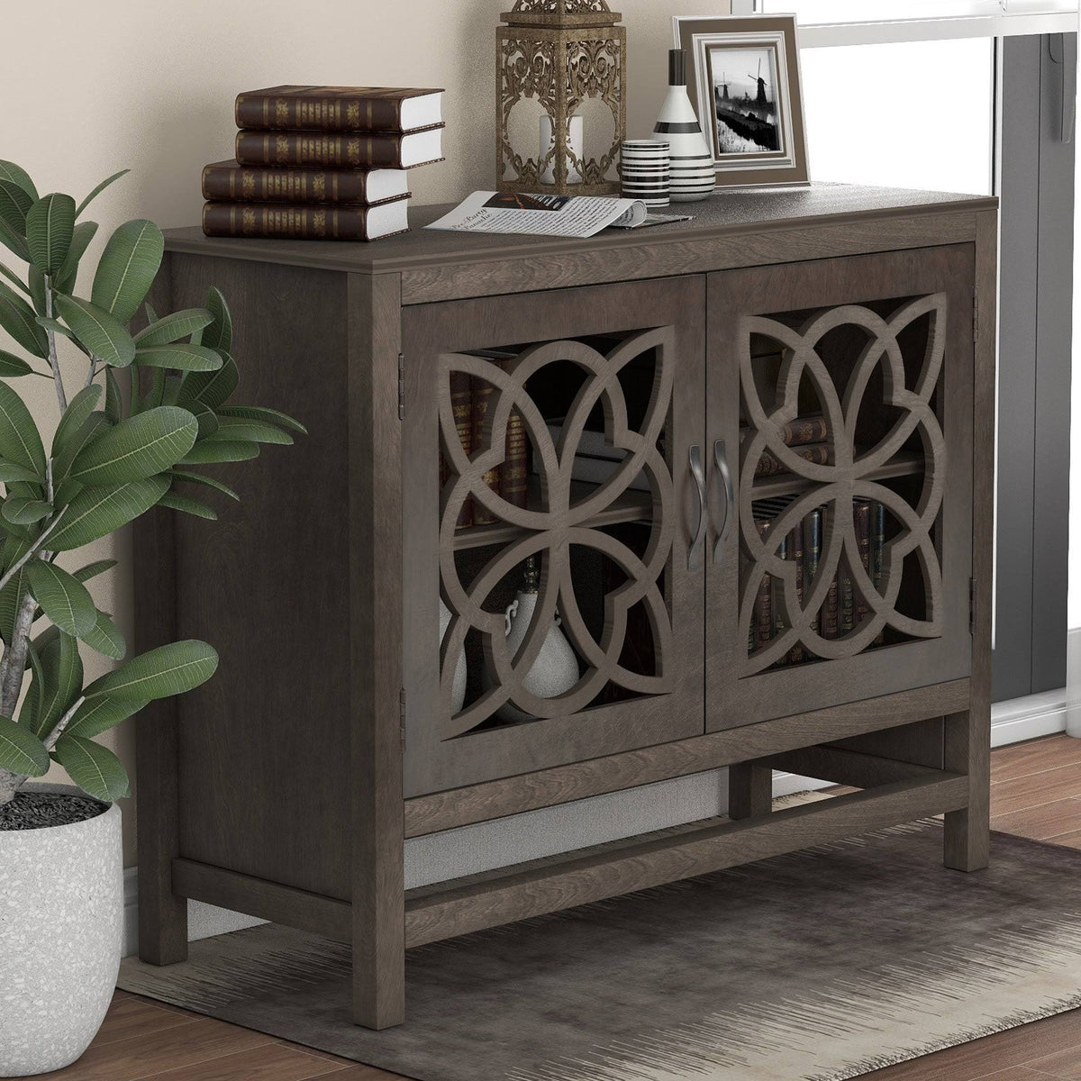 Grey Wood Buffet Sideboard Cabinet with Doors and Adjustable Shelf T876759