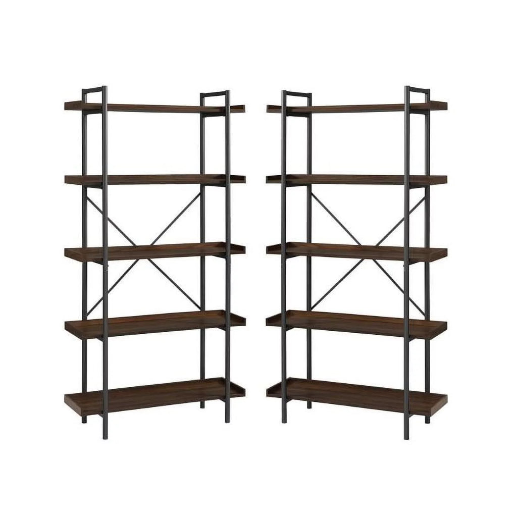 5 Shelf Dark Walnut Wood Bookshelf Set of 2 I98471
