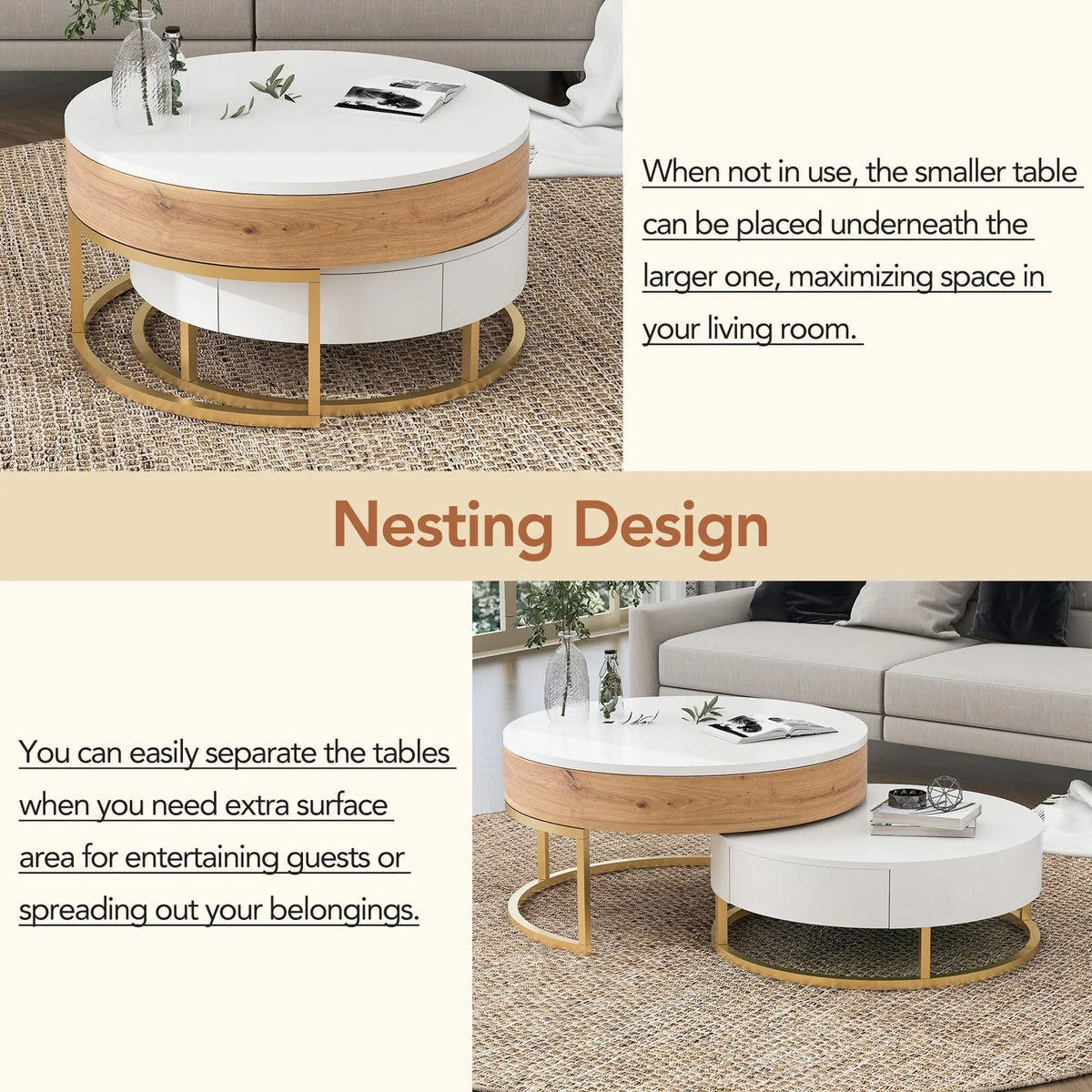 Round Lift-top Nesting Coffee Tables with 2 Drawers Q49693