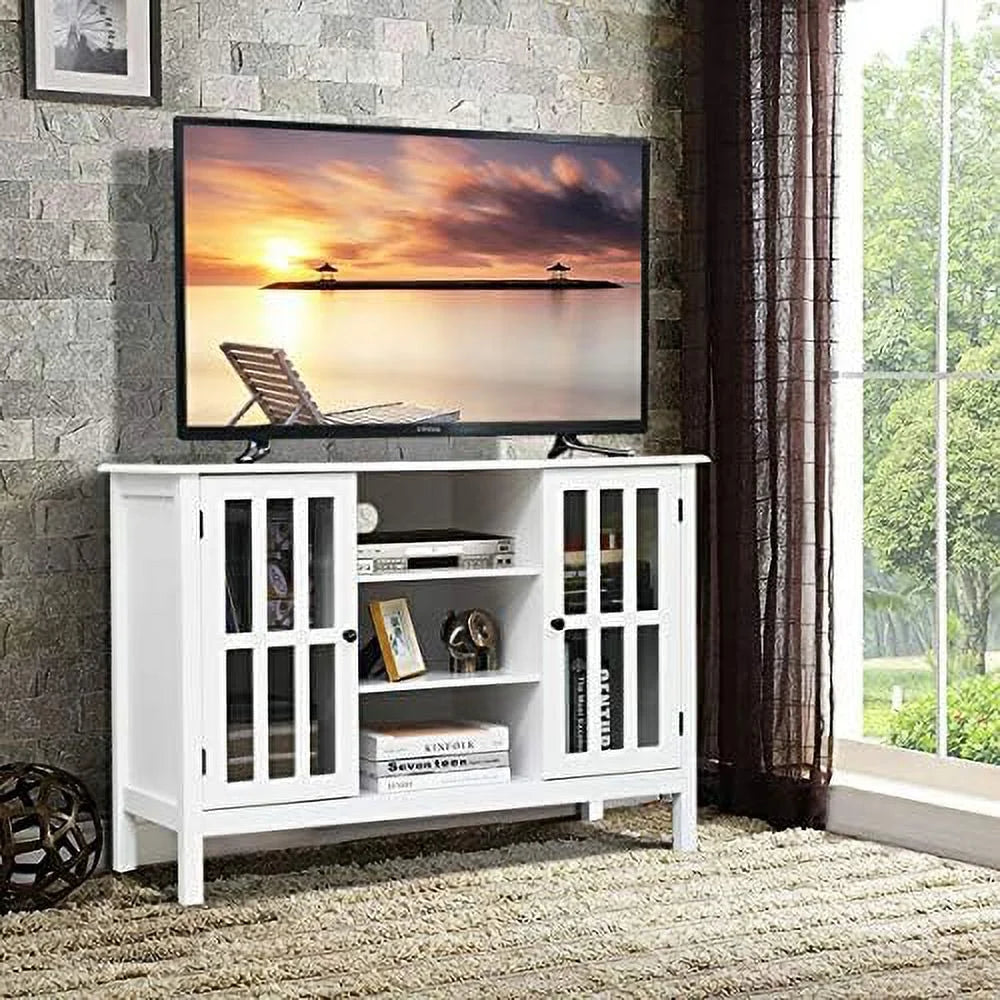 White Modern TV Stand up to 50 Inch with 2 Cabinets and 3 Open Shelves D829