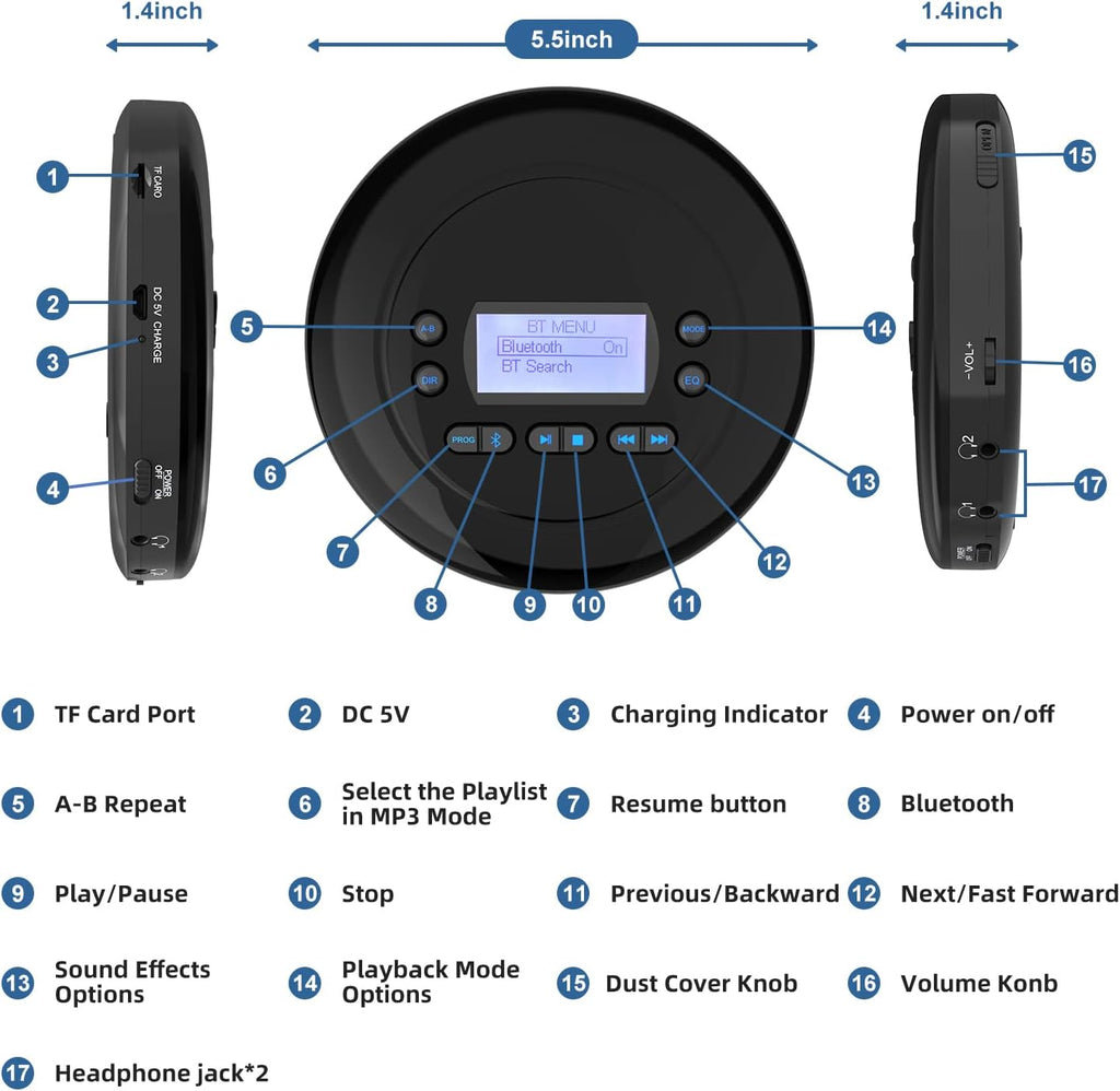 Portable Bluetooth CD Player with Dual Headphone Jack E947