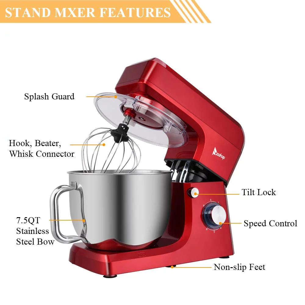 Red 6 Speed Control 7.5QT Electric Stand Mixer with Stainless Steel Bowl Q133462