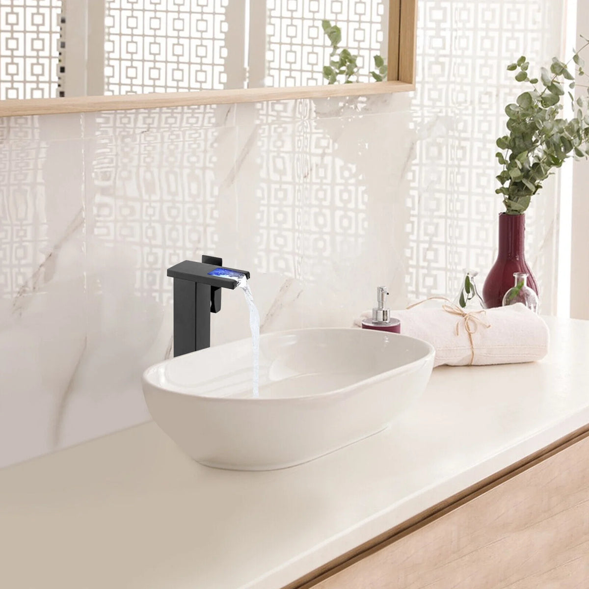 Waterfall Single-Handle Vessel Sink Faucet with LED Light O7598