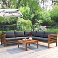 Wood Outdoor Sofa Set with Gray Cushions and Coffee Table J733241