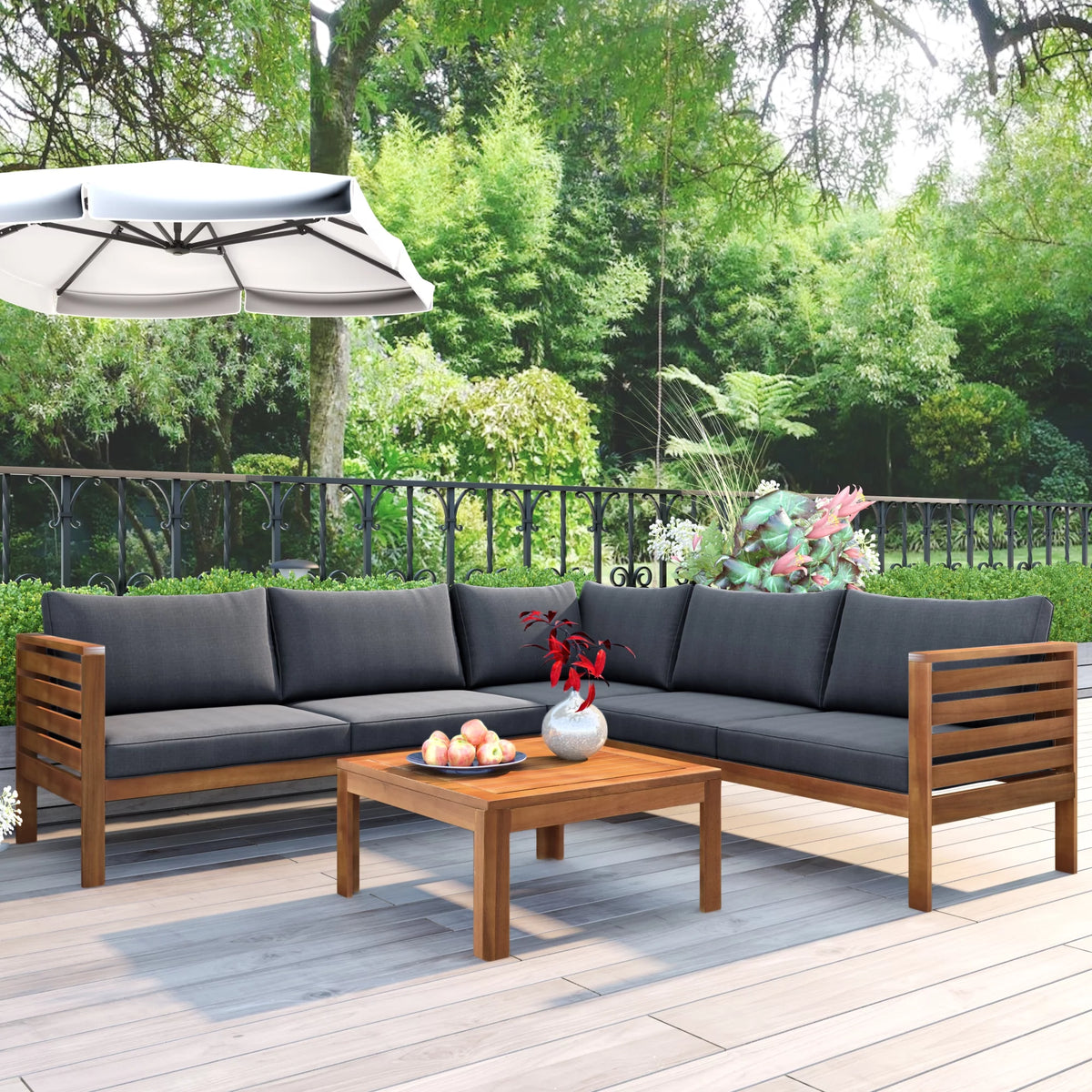 Wood Outdoor Sofa Set with Gray Cushions and Coffee Table J733241