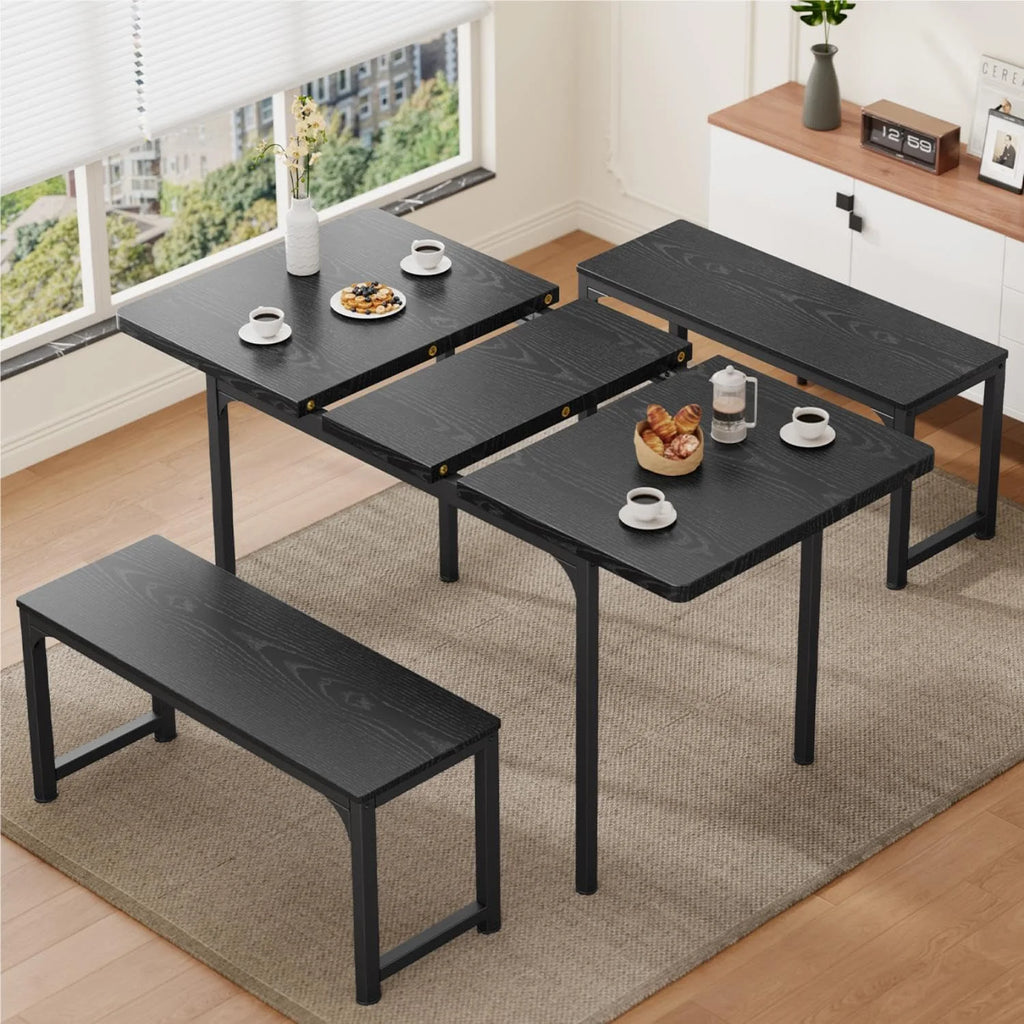 Black Extendable Dining Table Set with 2 Benches C28575