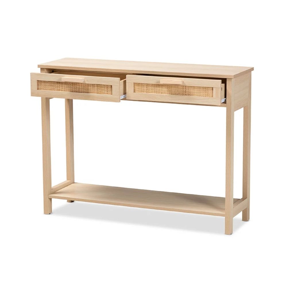 Light Brown Wood 2-Drawer Console Table with Rattan Z409592