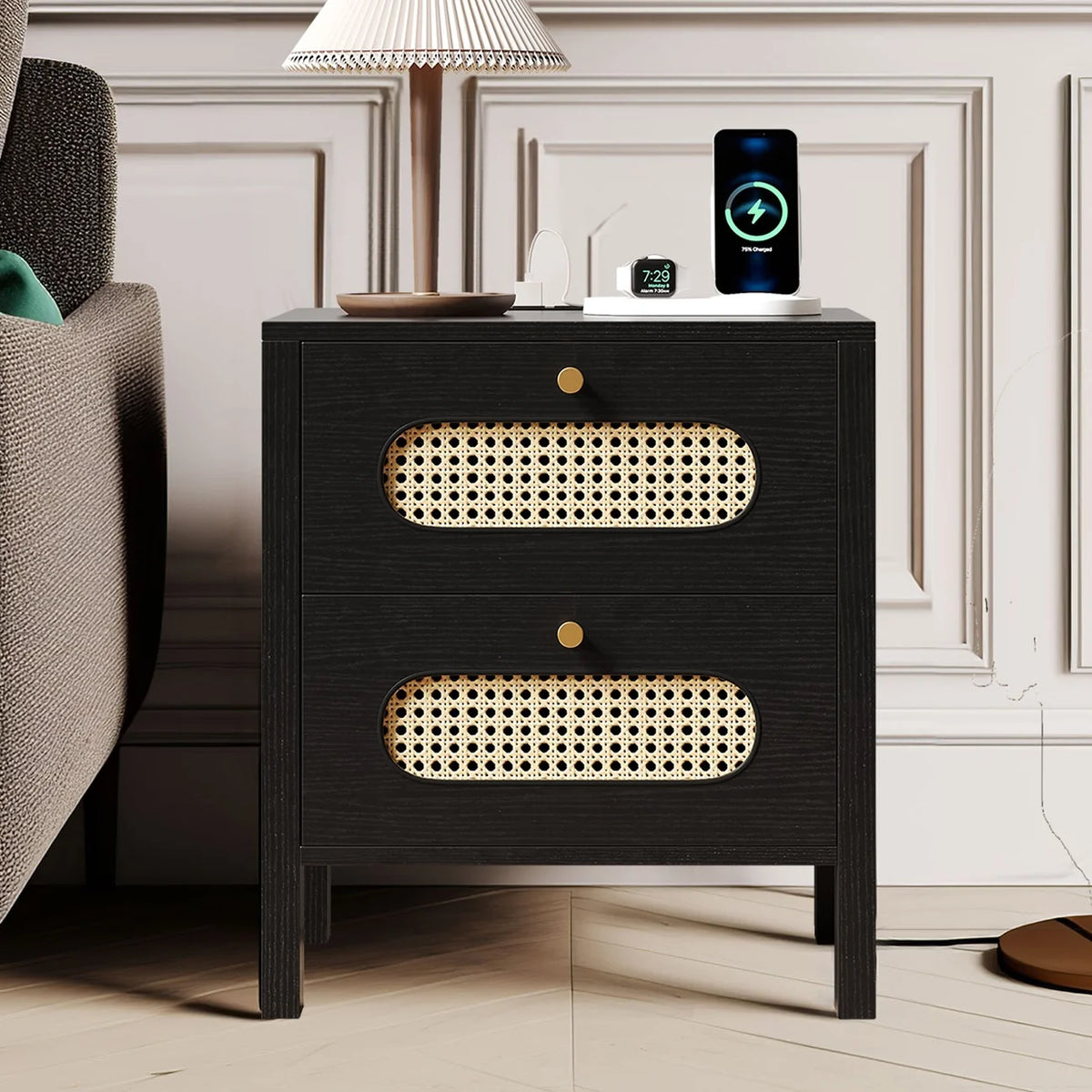 Black Rattan Nightstand with Charging Station X266496