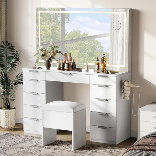 White Vanity Desk Set with LED Mirror and 11 Drawers W22260