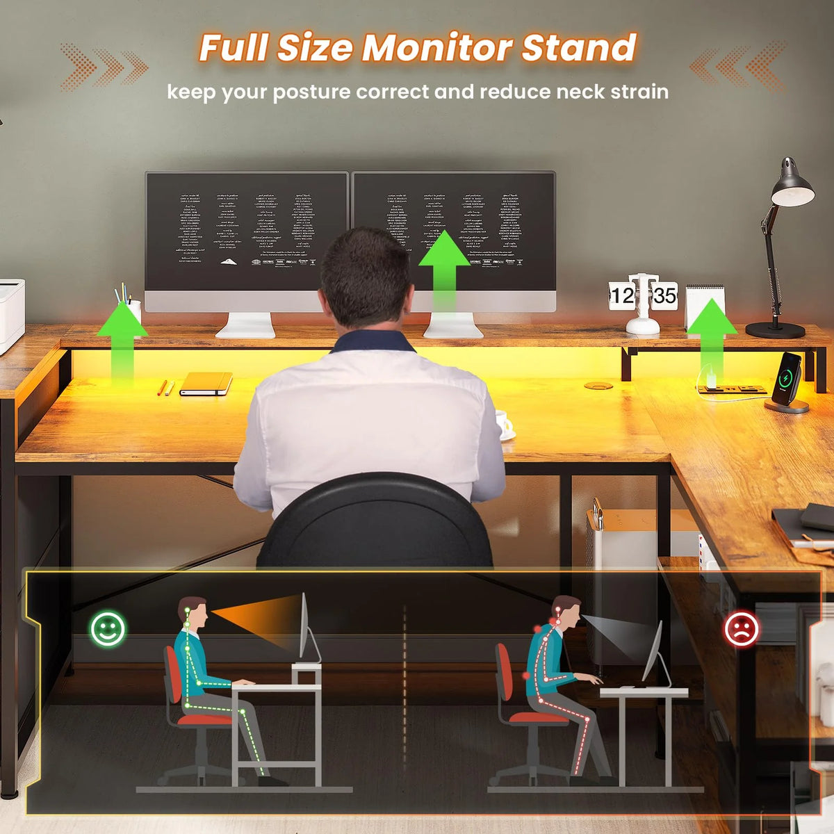 L Shaped Desk with LED Light, 67" Home Office Desk with 2 File Drawer and Power Outlet, Monitor Shelf, Storage Shelves, Brown Y132