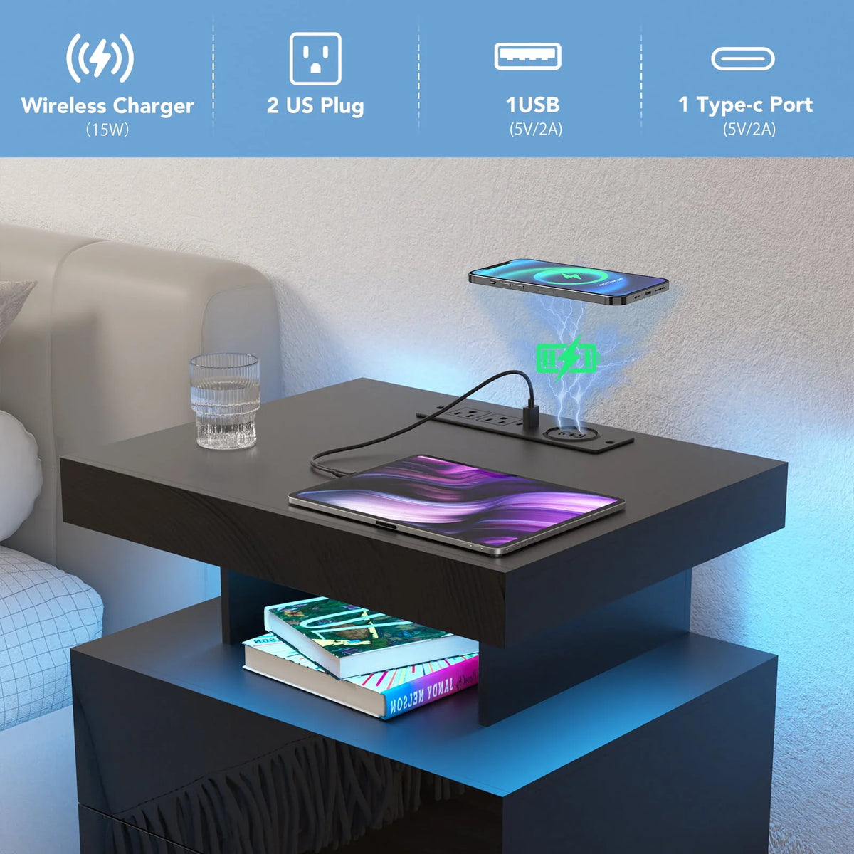 Black 2 Drawer LED Nightstand with Charging Station E6810