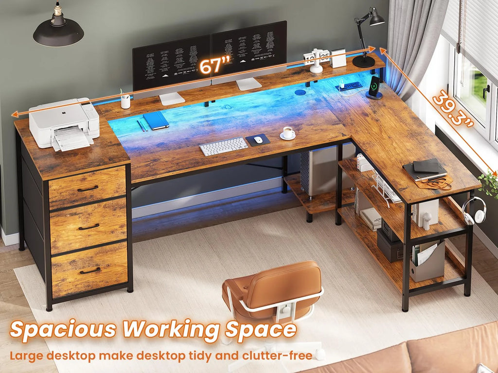 L Shaped Desk with LED Light, 67" Home Office Desk with 2 File Drawer and Power Outlet, Monitor Shelf, Storage Shelves, Brown Y132