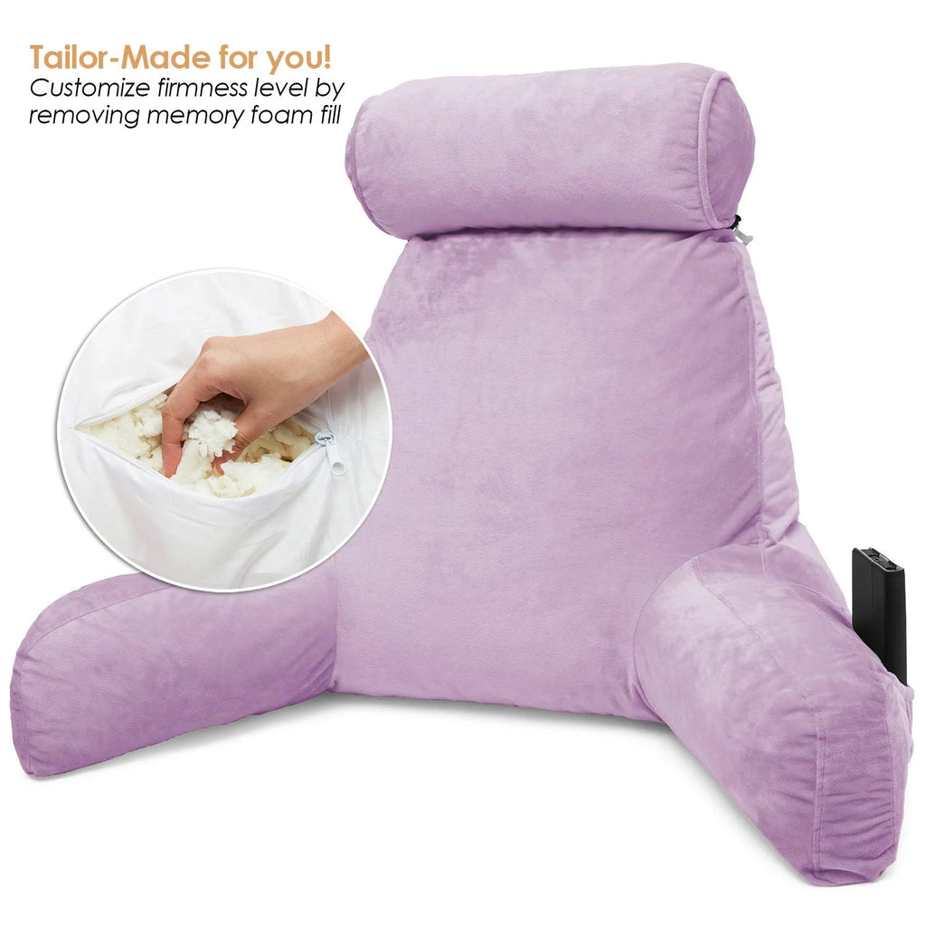 Light Purple Shredded Memory Foam Bed Rest Pillow with Arms and Pockets Z324376