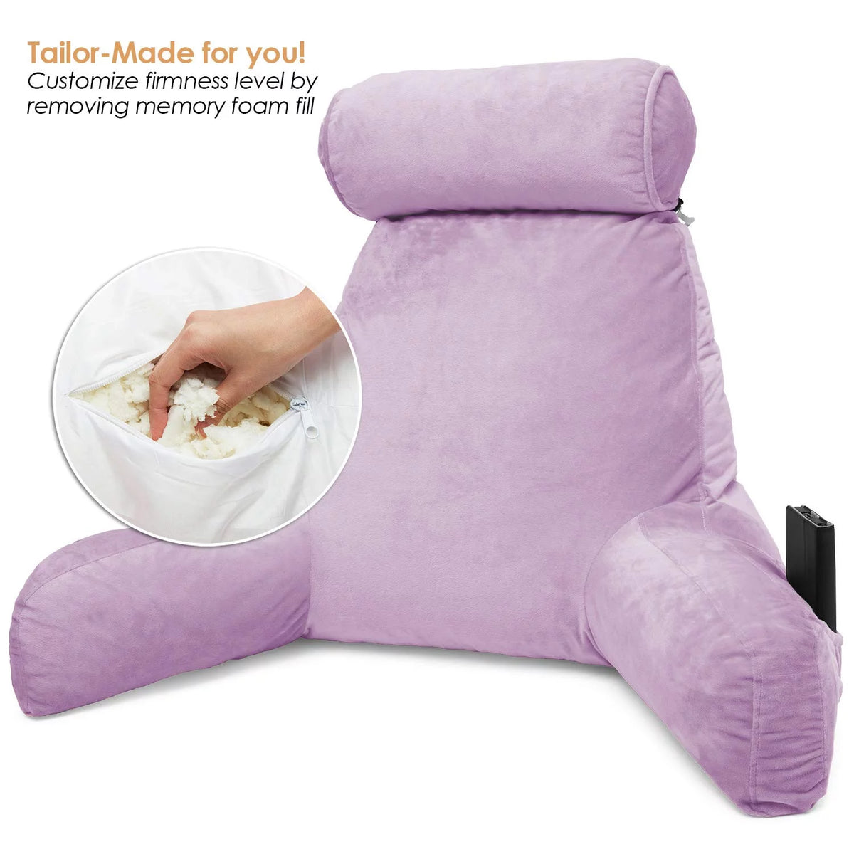 Light Purple Shredded Memory Foam Bed Rest Pillow with Arms and Pockets Z324376