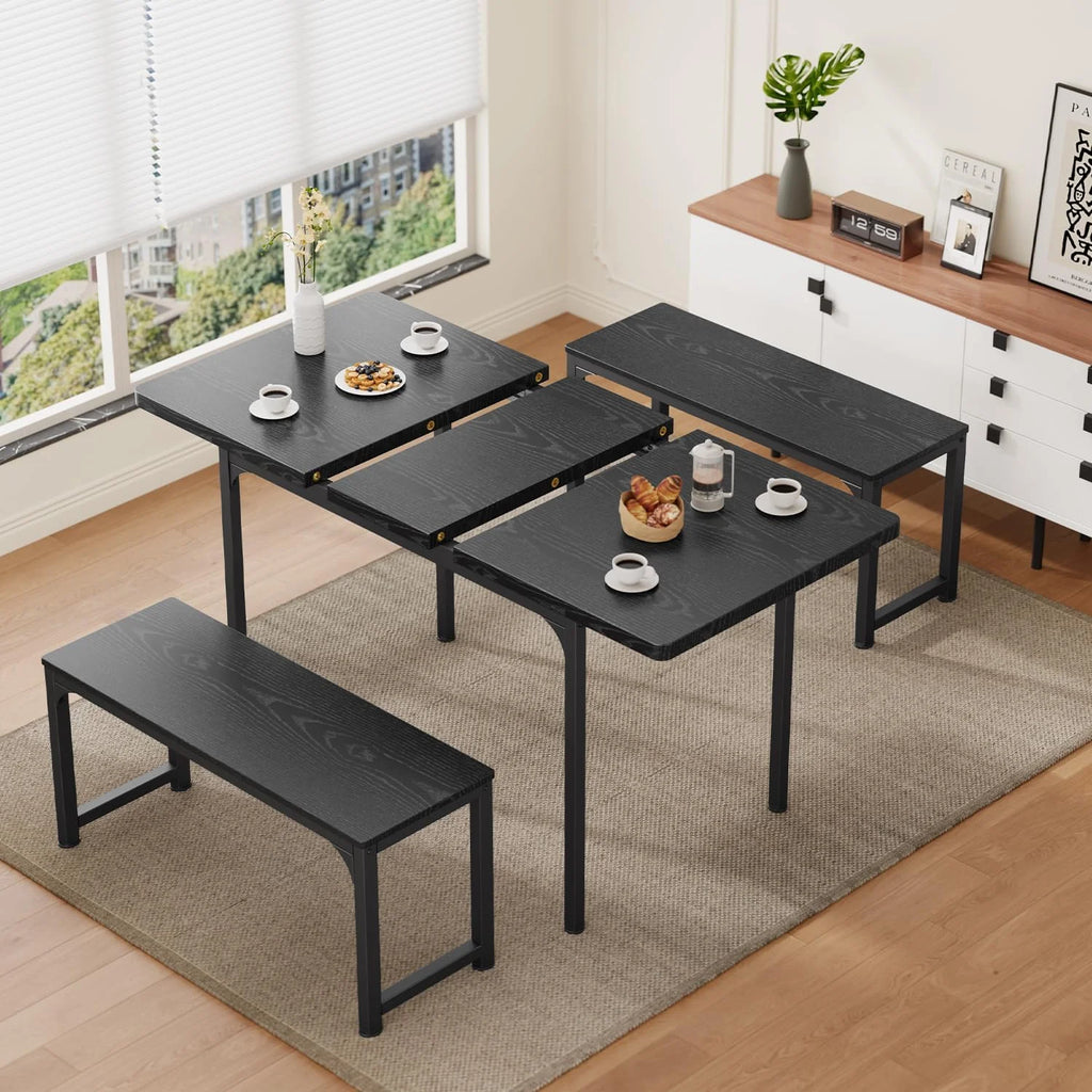 Black Extendable Dining Table Set with 2 Benches C28575