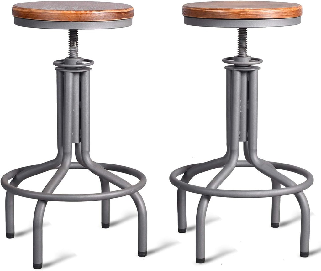 Metal Adjustable Height Bar Stool Set of 2 Black Wooden Top B25784