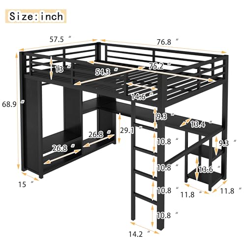 Queen Size Black Metal Loft Bed with L Desk and Wardrobe C4185
