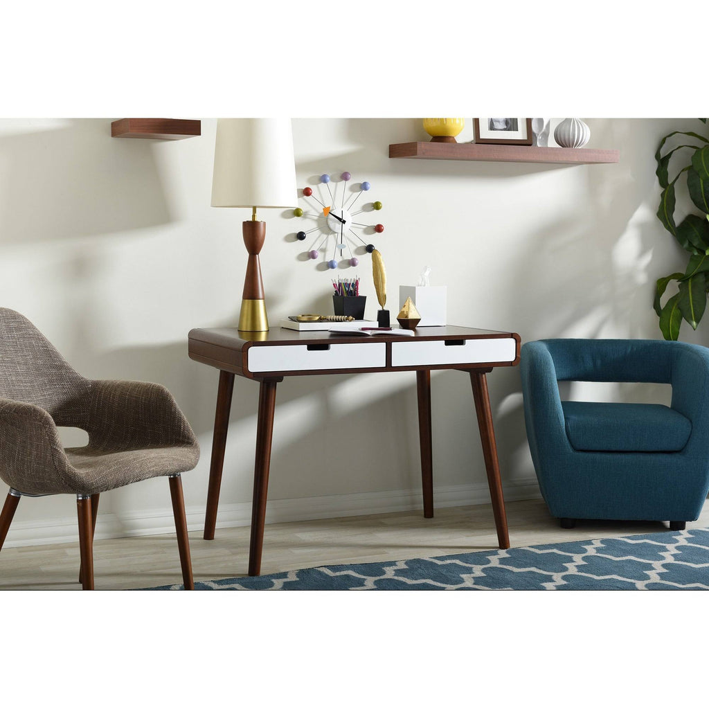Dark Walnut and White 2-Drawer Wood Writing Desk A5769