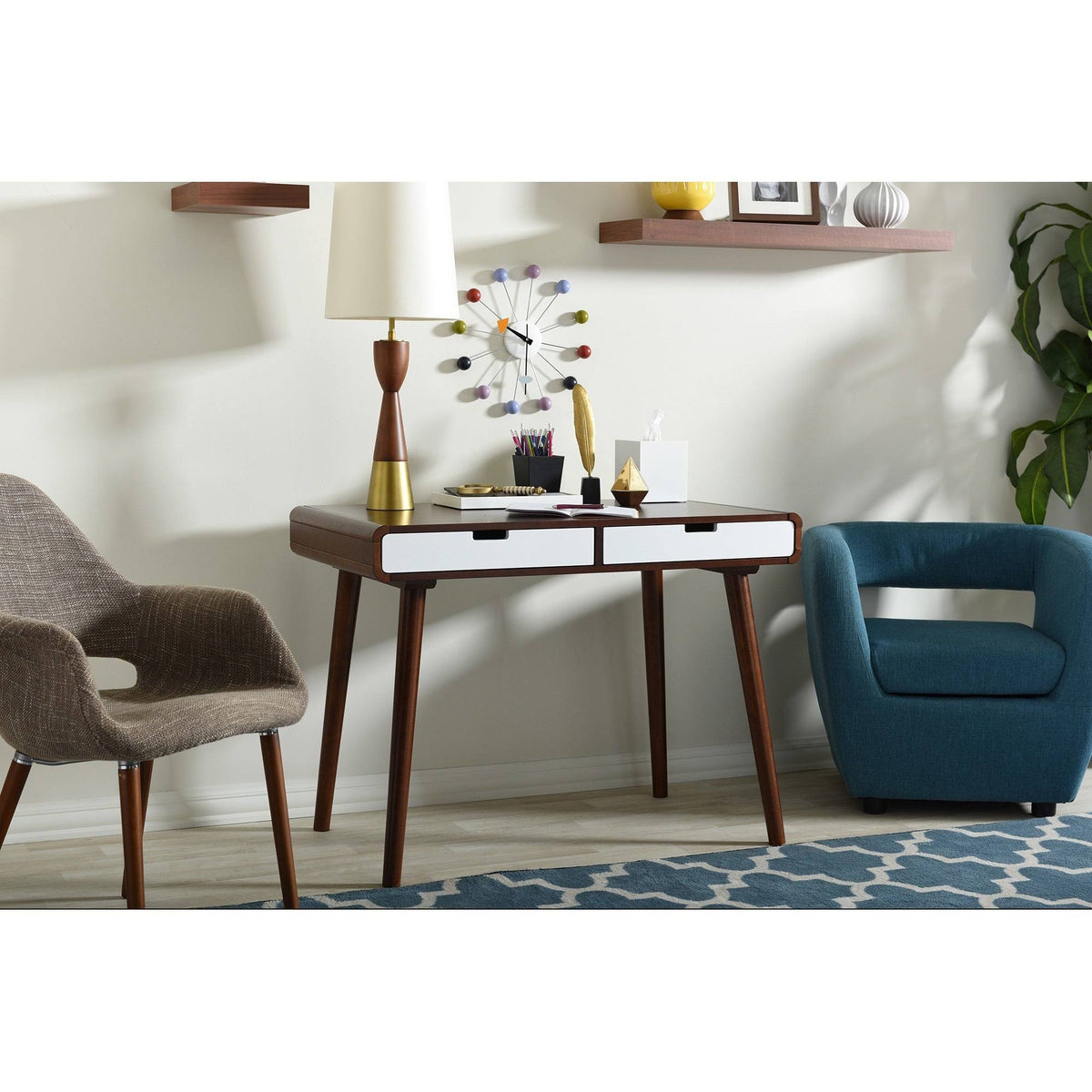 Dark Walnut and White 2-Drawer Wood Writing Desk A5769