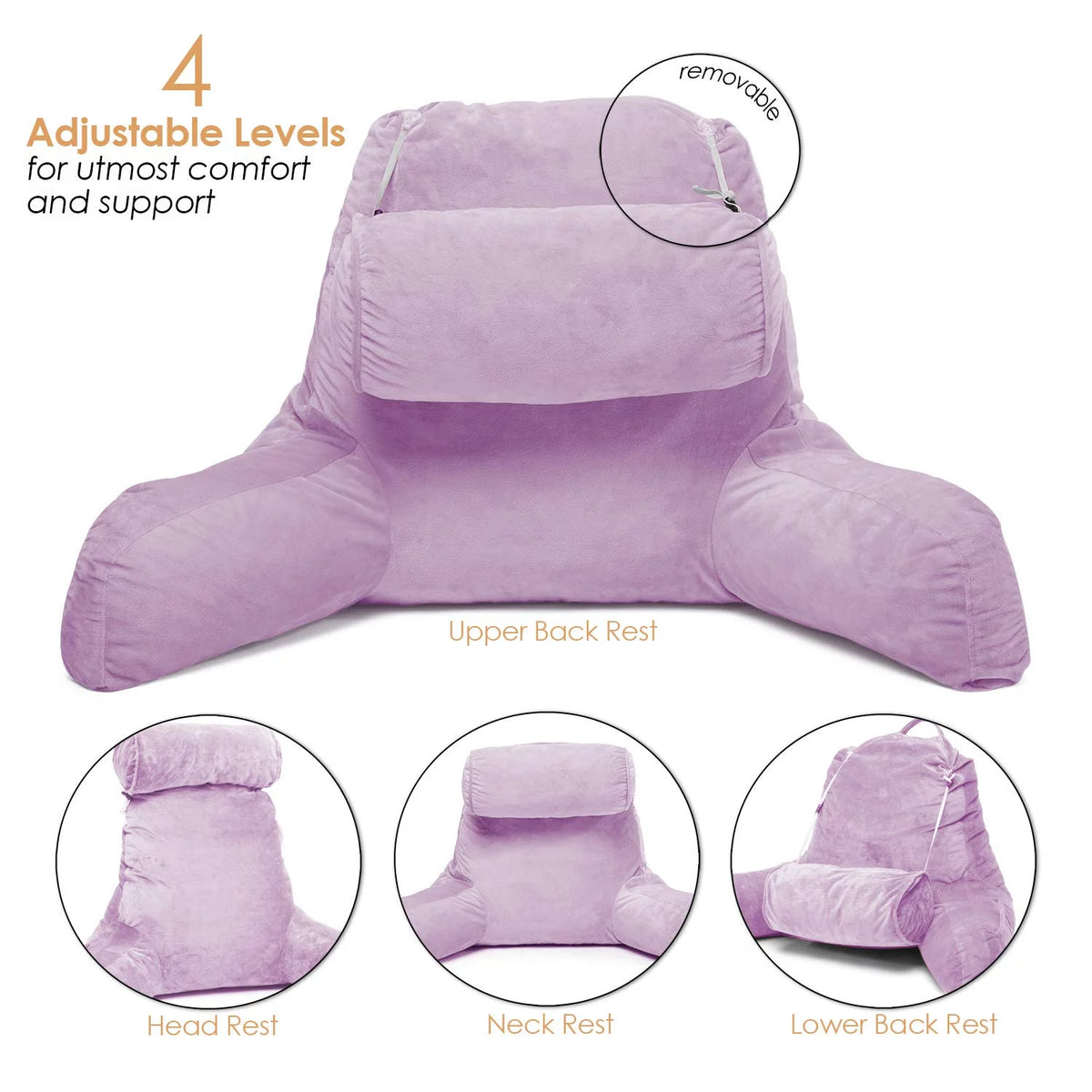 Light Purple Shredded Memory Foam Bed Rest Pillow with Arms and Pockets Z324376