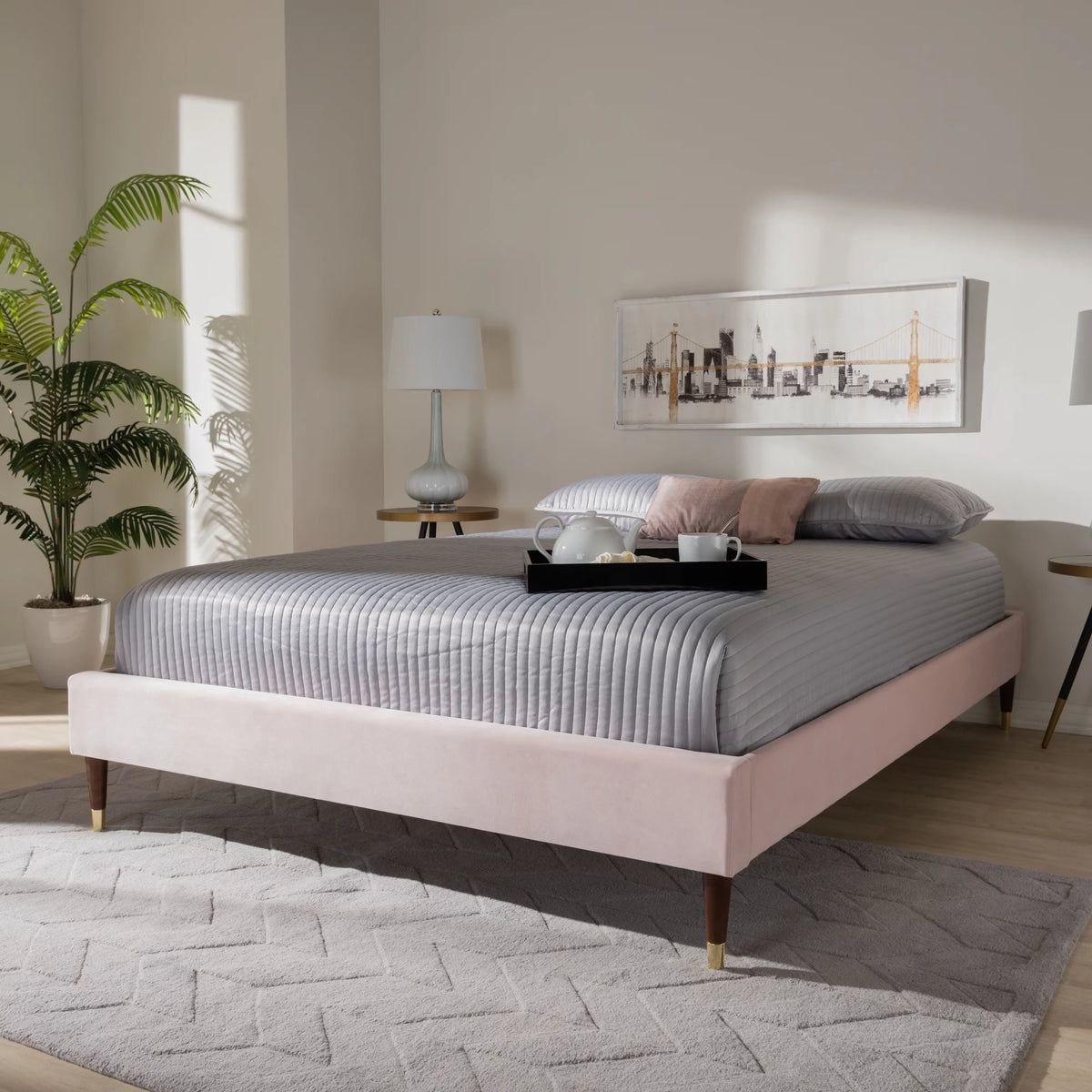 Velvet Upholstered Wood Platform King Bed D472