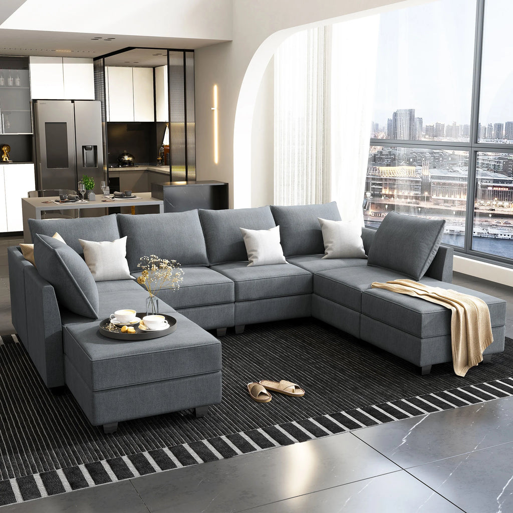 Bluish Grey Convertible Sleeper Sofa with Storage Ottomans M223772