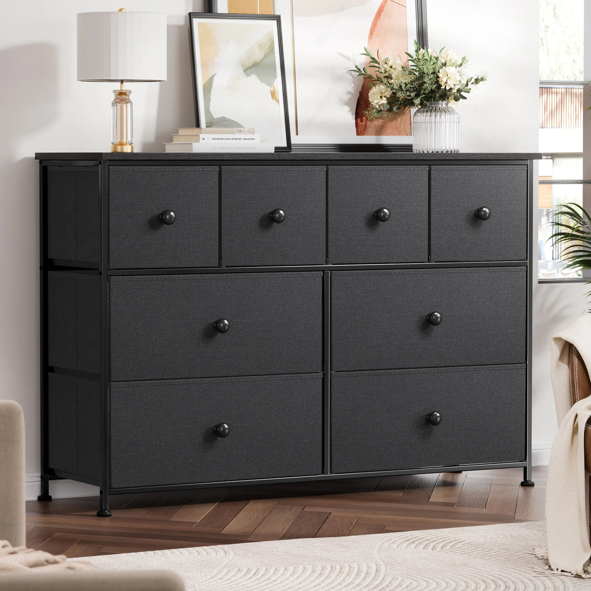 8 Drawer Fabric Dresser with Steel Frame and Wooden Top O30343