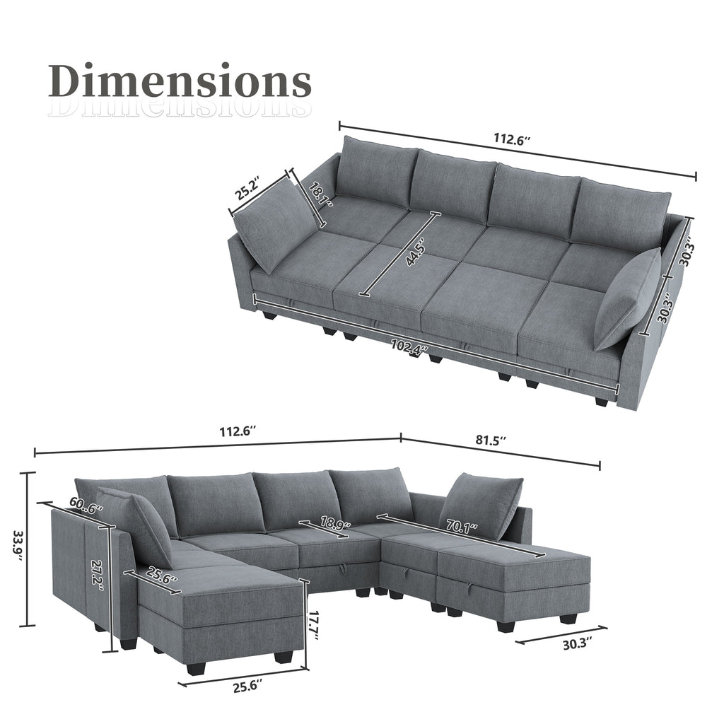 Bluish Grey Convertible Sleeper Sofa with Storage Ottomans M223772