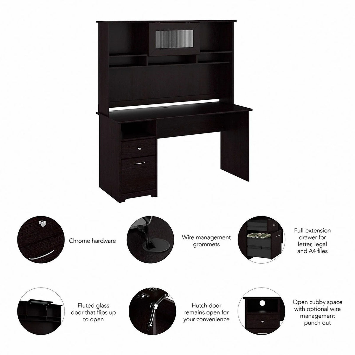 60" Contemporary Wood Desk with Hutch in Espresso Oak M6623