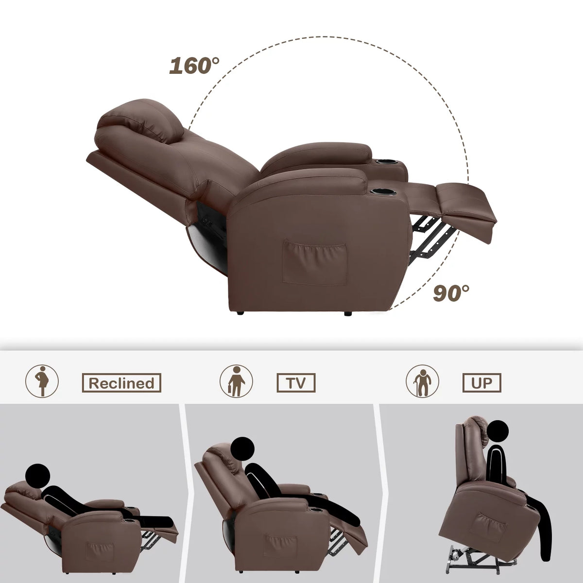 Black PU Leather Power Lift Recliner Chair with Massage and Heating A1830