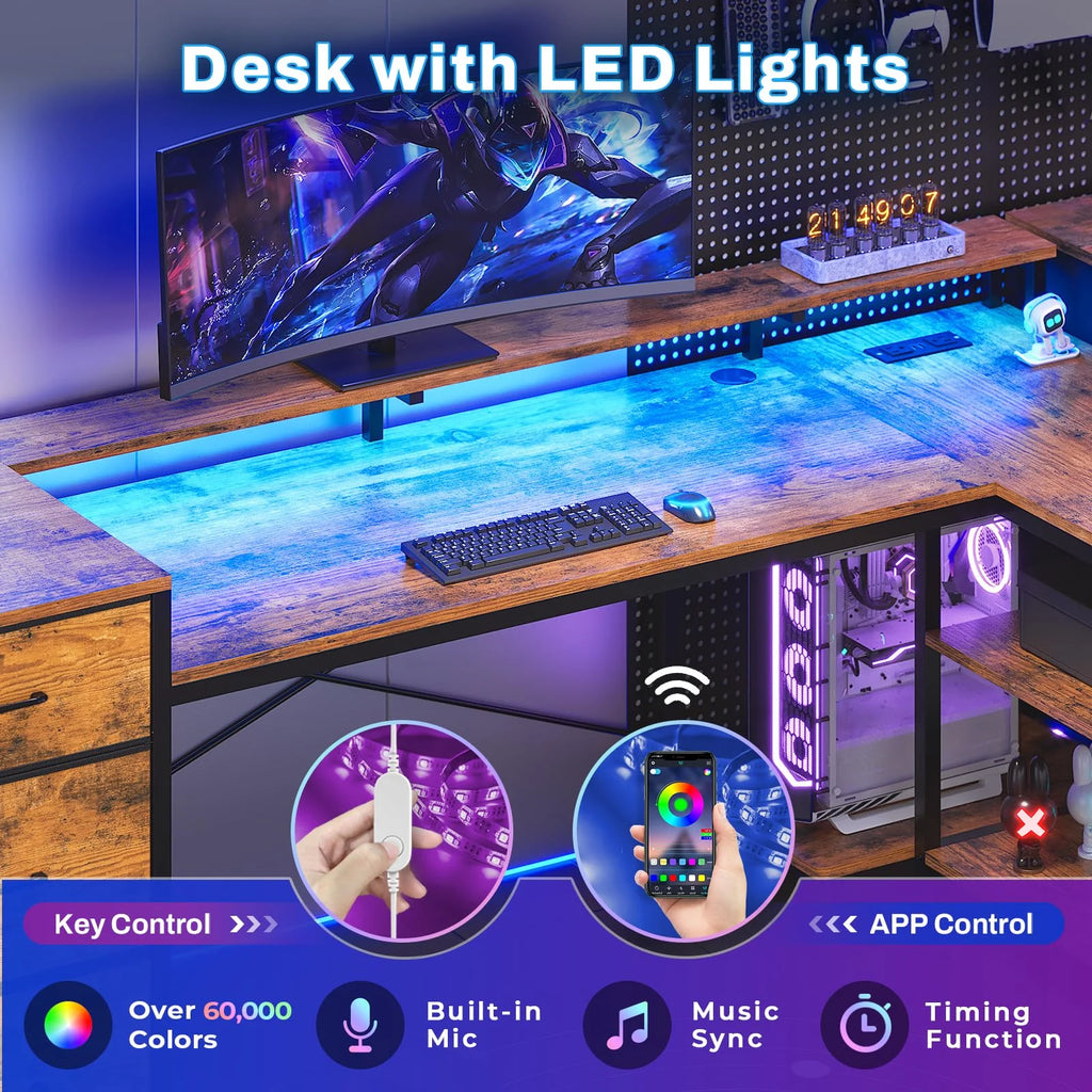 L Shaped Desk with LED Light, 67" Home Office Desk with 2 File Drawer and Power Outlet, Monitor Shelf, Storage Shelves, Brown Y132