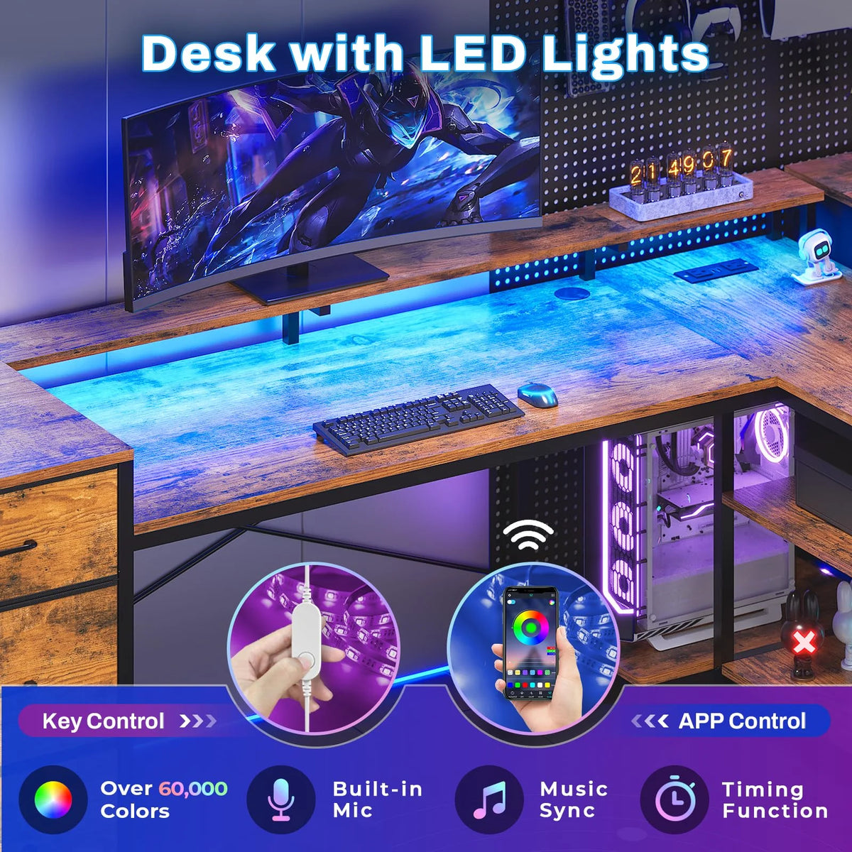 L Shaped Desk with LED Light, 67" Home Office Desk with 2 File Drawer and Power Outlet, Monitor Shelf, Storage Shelves, Brown Y132