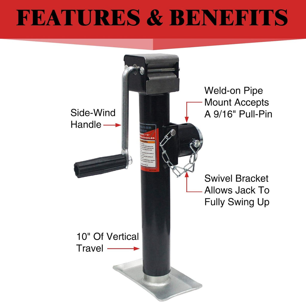 Side Wind Weld-On Pipe-Mount Swivel Trailer Jack 5000 lbs 10 Inches Vertical Travel A3 Steel Pack of 2 H990