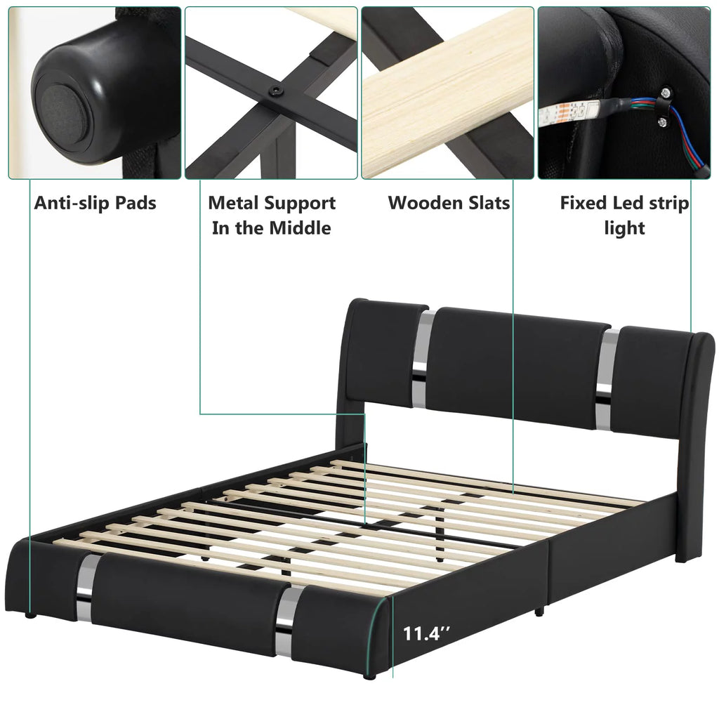 Faux Leather Full Size Platform Bed with LED Light and Adjustable Headboard B744