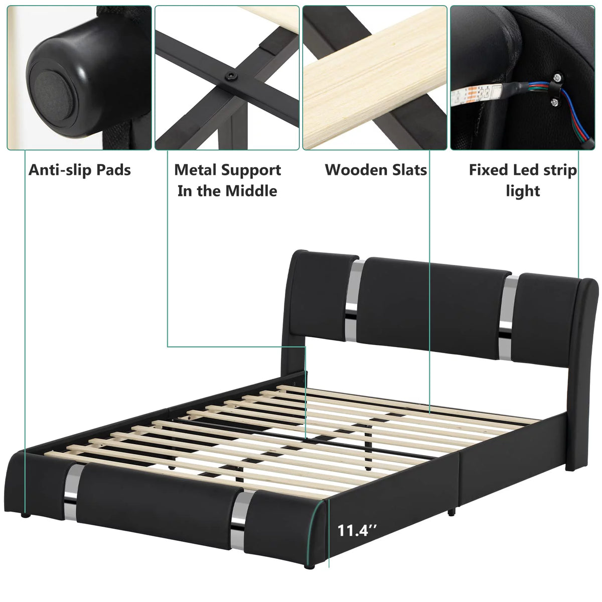 Faux Leather Full Size Platform Bed with LED Light and Adjustable Headboard B744