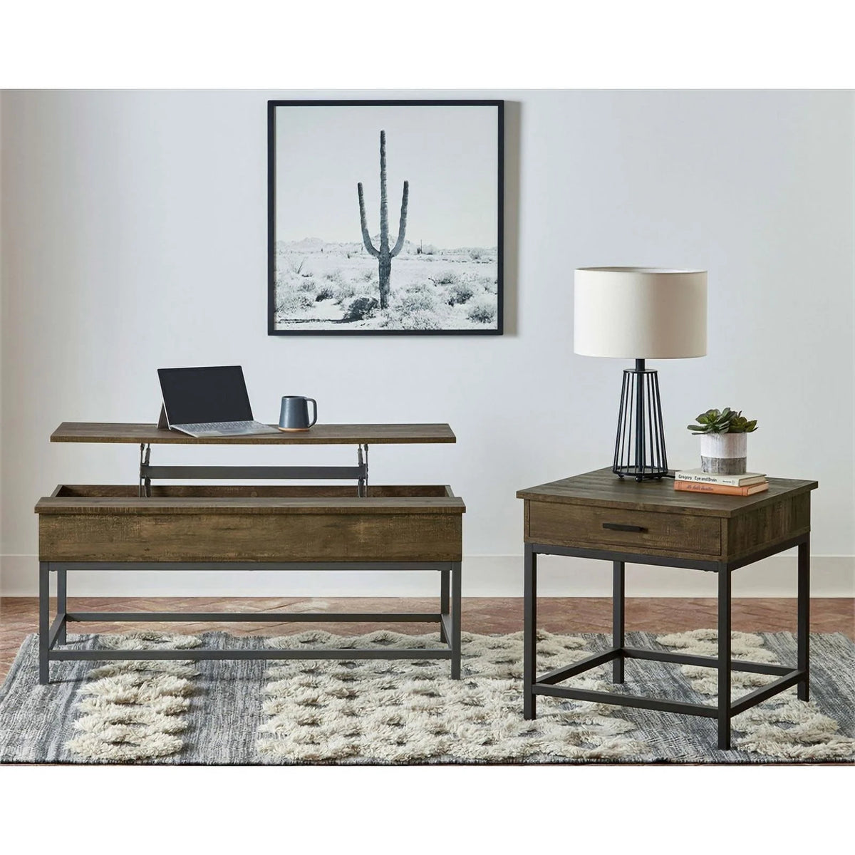 Brown Oak and Black Wood Coffee Table with Hidden Storage B5321