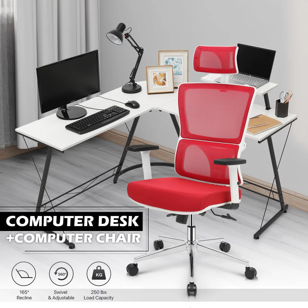 Computer Desk & Chair Set Adjustable Swivel Office Chair L Shaped Writing Table Workstation with Monitor Stand Red X77951