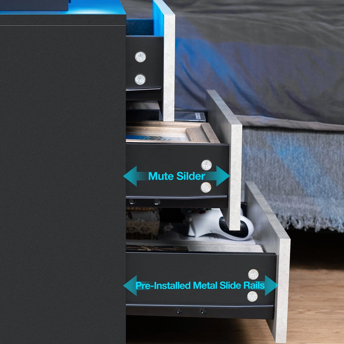 Black 2 Drawer LED Nightstand with Charging Station E6810