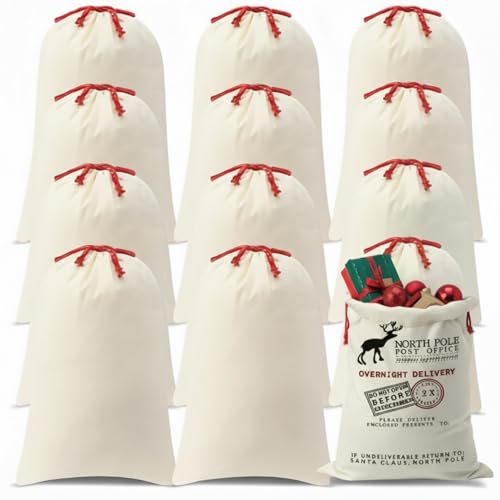 12 Pcs Christmas Sack with Drawstring Cotton Laundry Bag L54075