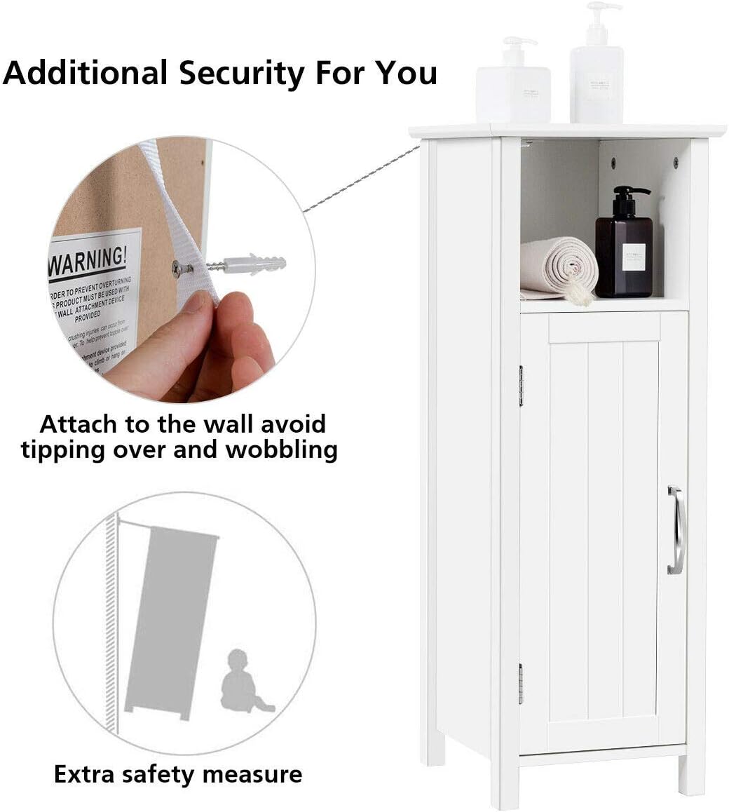 White Bathroom Floor Storage Cabinet with Single Door Adjustable Shelf J187030