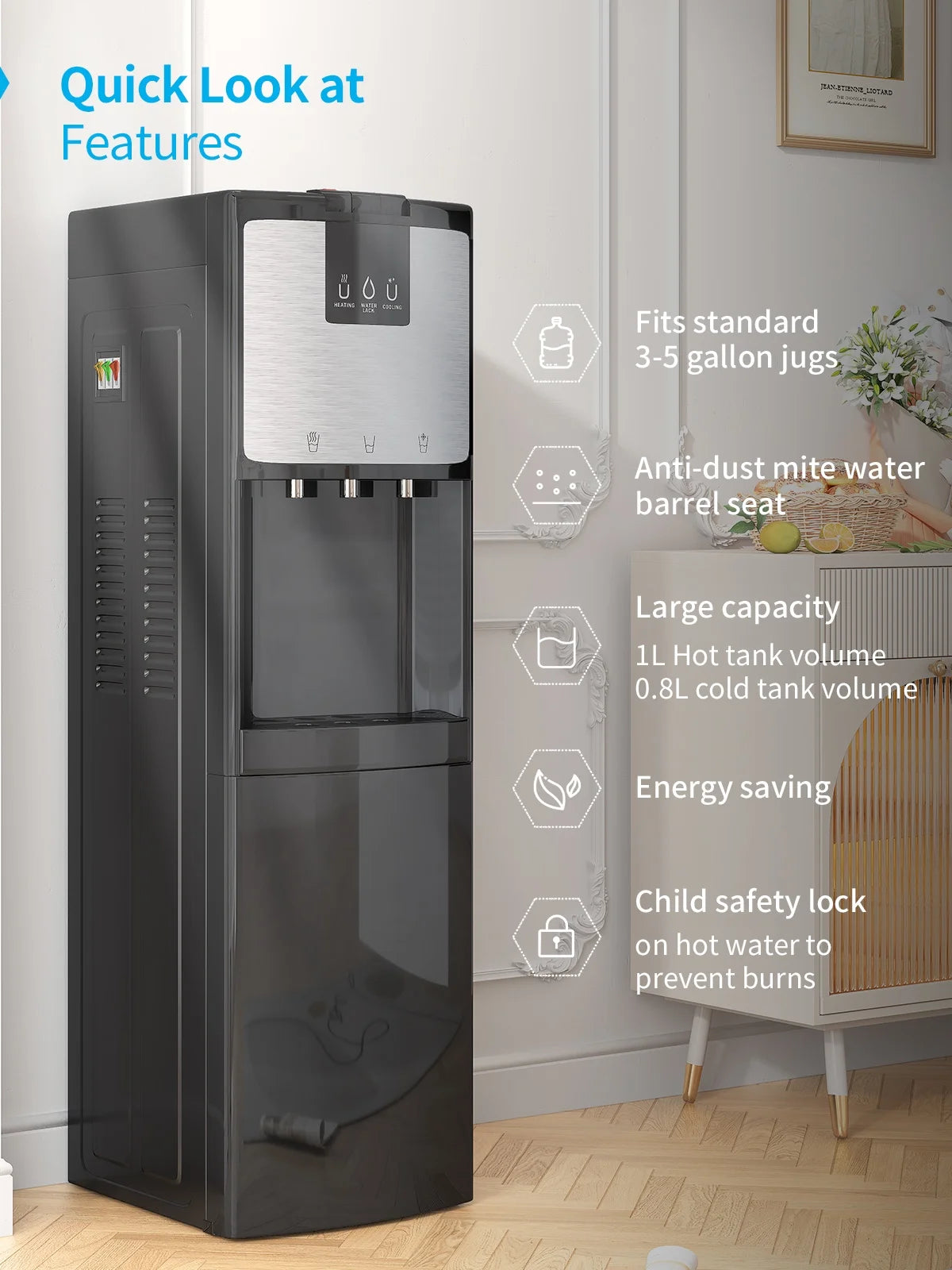 Bottom Loading Water Dispenser, Hot/Cold/Room Temperature, 3 or 5 Gallon, Black Z93538
