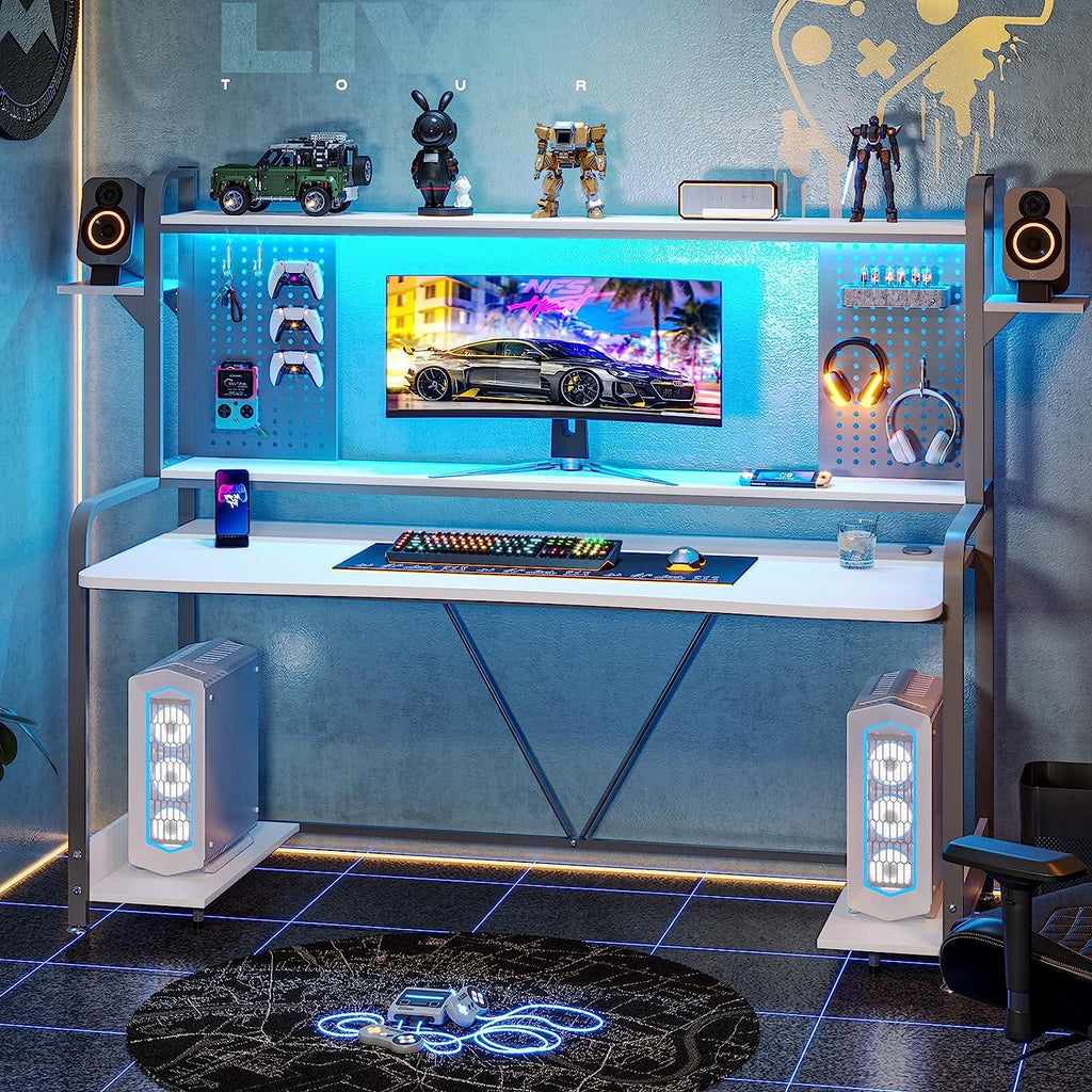 55" White Computer Desk with Hutch and Shelves G546